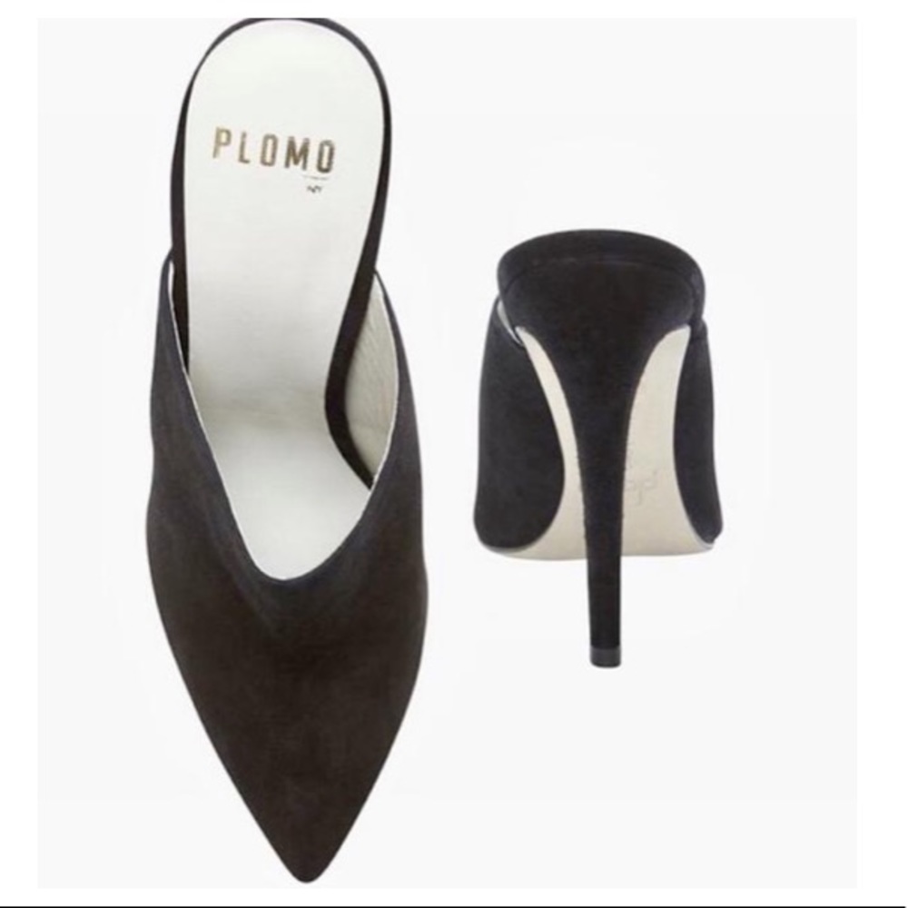 - Plomo black Sandra Suede Heels mule 8 Leather Point toe stiletto slides